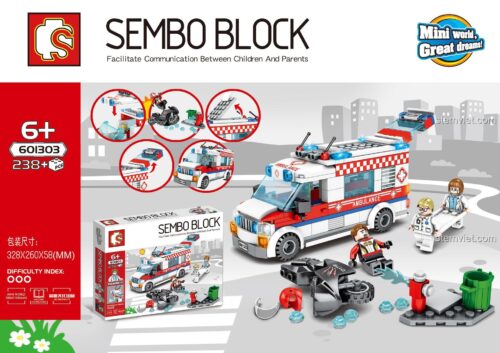 Hộp đồ chơi lắp ghép Xe Cấp Cứu Sembo Block 601303, có kích thước 32.8x26x5.8 cm, phù hợp bé trai 6 tuổi, giá tiết kiệm