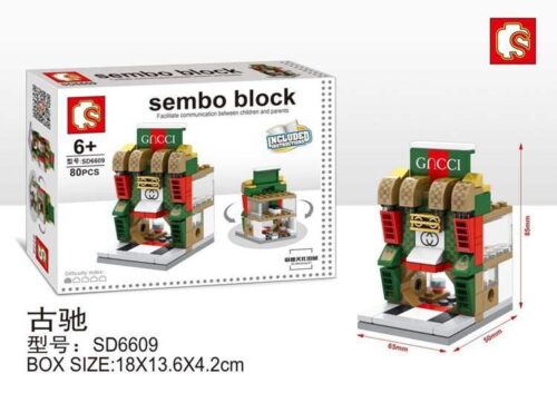 Bộ lắp ghép Cửa hàng túi xách Gucci SEMBO SD6609, mô hình mini tinh xảo, giá rẻ cho bé gái 6 tuổi. Ảnh hộp sản phẩm.
