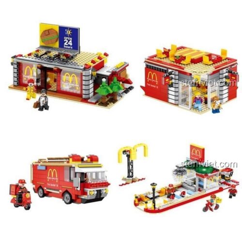 Đồ chơi mô hình Sembo 6901 với 4 cách lắp ráp khác nhau: cửa hàng, xe tải, nhà hàng ngoài trời.