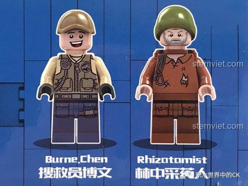 Giới thiệu 2 minifigures trong bộ đồ chơi Sembo 9511: Nhân viên cứu hộ Bowen và Người hái thuốc trong rừng.