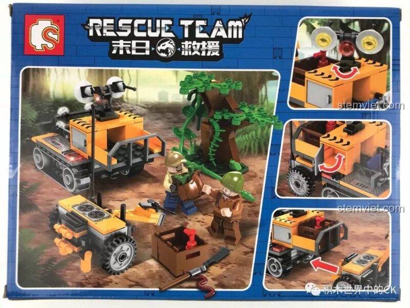 Mặt sau hộp đồ chơi mô hình SD9511 Xe Địa Hình Bánh Xích Cứu Hộ, thể hiện các tính năng của xe như radar xoay, phần sau tháo rời.