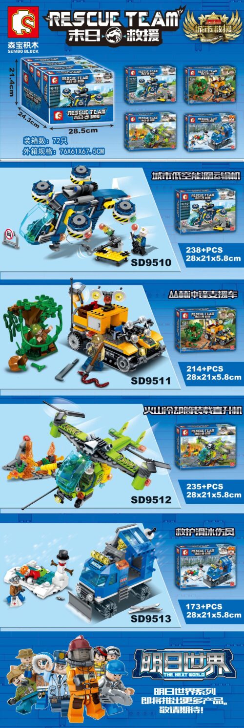 Poster quảng cáo bộ lắp ráp Sembo SD9511 Xe Hỗ Trợ Xung Kích Rừng Rậm và các bộ khác trong cùng series Đội Cứu Hộ Tận Thế, phù hợp cho bé trai 6-12 tuổi.