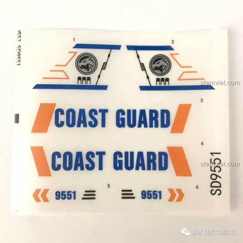 Tấm decal sticker đi kèm bộ lắp ráp SEMBO SD9551 với chữ 'COAST GUARD' và mã hiệu '9551'.