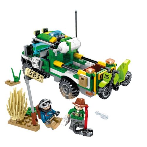 Ảnh chụp bộ lắp ghép Xe bán tải cứu hộ SEMBO SD9552 với 2 minifigures và mô tô địa hình, phù hợp cho con trai 6 tuổi, giá rẻ.