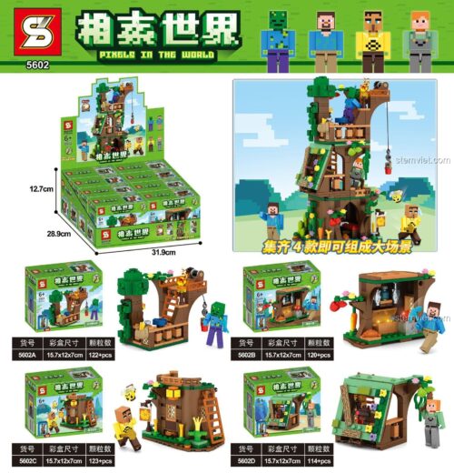 Mô hình lắp ráp Ngôi Nhà Trên Cây Minecraft Sheng Yuan 5602 với 4 nhân vật, đồ chơi xếp hình cho bé trai 6 tuổi.