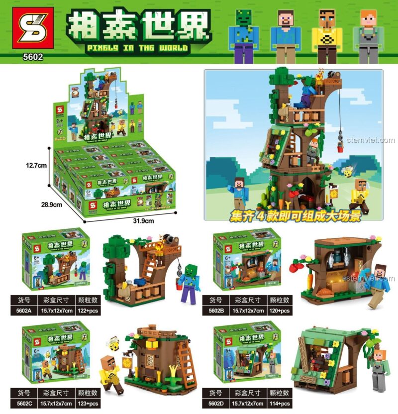 Mô hình lắp ráp Ngôi Nhà Trên Cây Minecraft Sheng Yuan 5602 với 4 nhân vật, đồ chơi xếp hình cho bé trai 6 tuổi.