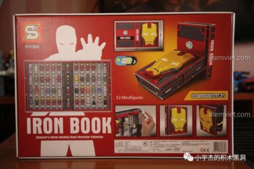 Mặt sau hộp bộ lắp ráp Iron Book SY1361, hiển thị 52 minifigures Người Sắt và tính năng đèn LED độc đáo.