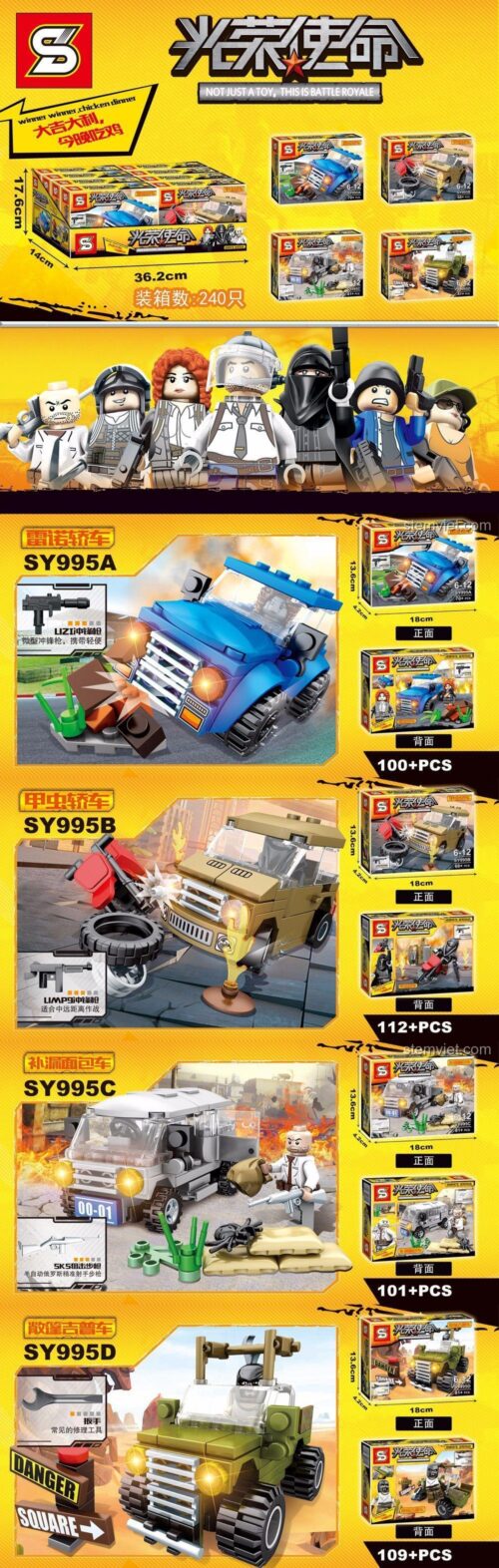 Chi tiết 4 mẫu xe trong bộ đồ chơi Sheng Yuan SY995, bao gồm xe jeep, xe con bọ, xe van và xe sedan từ game PUBG.
