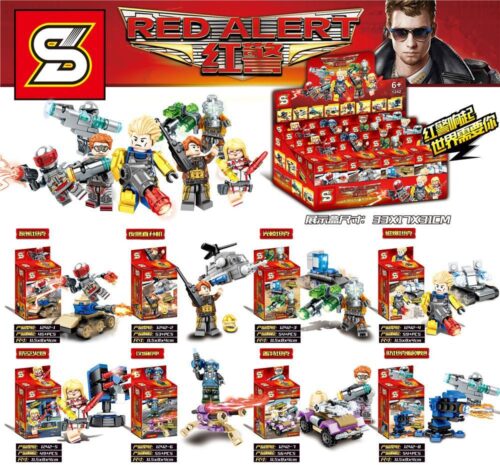 Bộ lắp ráp Shengyuan 1242 chủ đề game Red Alert với 8 hộp nhỏ, gồm xe tăng và trực thăng, dành cho bé trai 6 tuổi.