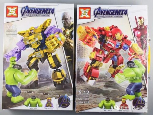 Bộ lắp ghép Shuangxiang 4009 Cơ giáp Người Sắt Phản Hulk và 4008 Cơ giáp Thanos, hộp sản phẩm, đồ chơi mô hình cho bé trai.