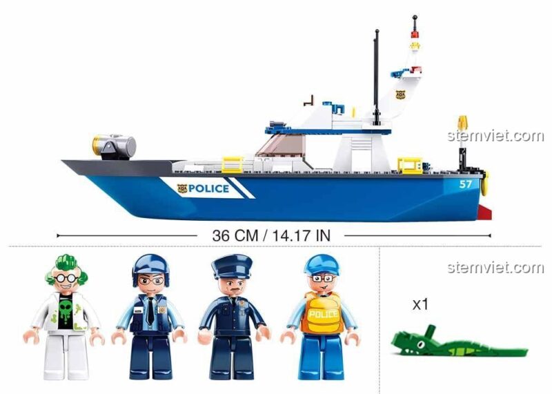 Kích thước đồ chơi mô hình Tàu Cảnh Sát Tuần Tra Sluban dài 36cm, đi kèm 4 nhân vật minifigures