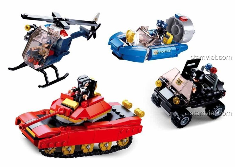 Cận cảnh các phương tiện trong bộ đồ chơi Biệt đội cảnh sát thành phố Sluban B0658, chất liệu nhựa ABS an toàn.