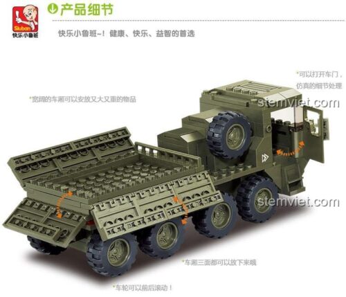 Chi tiết tính năng của đồ chơi mô hình Sluban M38-B0302, thùng xe rộng, cửa mở được, bánh xe lăn được.