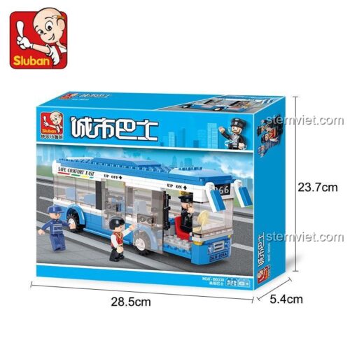 Hộp bộ lắp ghép Sluban M38-B0330 Xe Buýt Thành Phố, hiển thị kích thước hộp 28.5x23.7x5.4 cm, phù hợp bé trai 6 tuổi, chất lượng cao.