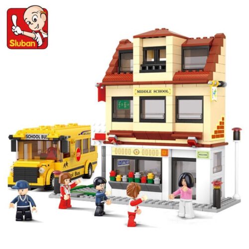 Bộ lắp ráp Xe buýt trường học Sluban M38-B0333 cho bé 6 tuổi, gồm trường học và xe buýt màu vàng.