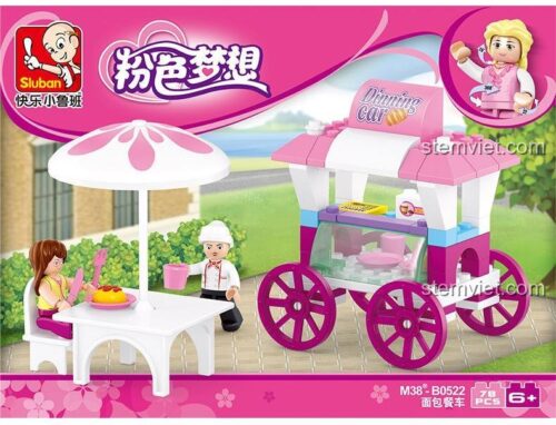 Bộ lắp ghép Sluban M38-B0522 xe bán bánh mì màu hồng ngọt ngào cho bé gái 6 tuổi, giá rẻ. Mô hình gồm xe đẩy, bàn, dù và 2 minifigures.