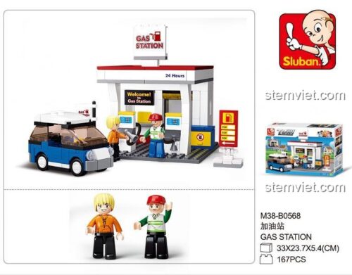 Bộ lắp ghép Trạm xăng Sluban M38-B0568. Đồ chơi mô hình cây xăng và ô tô mini cho bé trai 6 tuổi, giá rẻ.