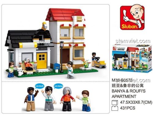 Đồ chơi lắp ráp Sluban M38-B0573 Ngôi Nhà Thành Phố, bộ xếp hình 431 mảnh ghép với 4 minifigures Bany, Roufi, bé trai, bé gái.