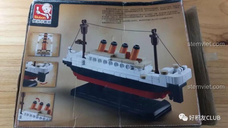 Mặt sau hộp Sluban M38-B0576 mô hình tàu Titanic, thông tin lịch sử tàu, đồ chơi mô hình cho bé trai.