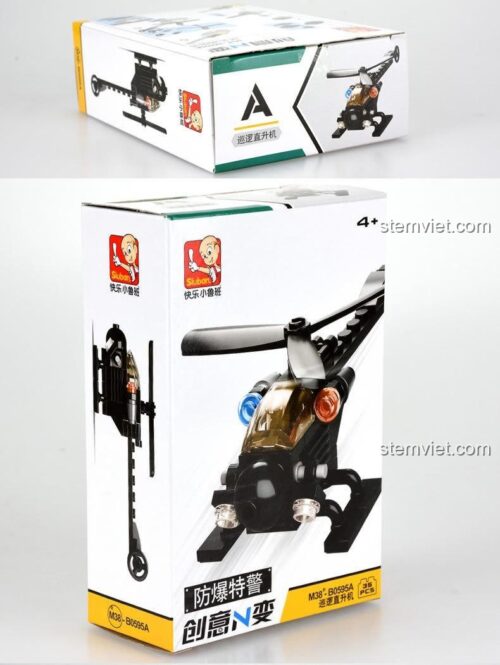 Hộp bộ lắp ghép Sluban M38-B0595A Đặc Nhiệm Chống Bạo Động 4 Trong 1, thể hiện trực thăng tuần tra, đồ chơi lắp ráp chất lượng cao cho bé trai 4 tuổi.