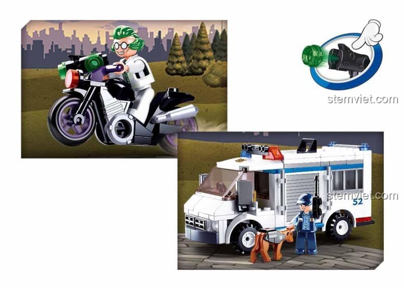 Xe mô tô cảnh sát Sluban M38-B0652 với tính năng bắn đạn nhựa, đồ chơi lắp ráp Xe Cảnh Sát Giao Thông, mang lại trải nghiệm chơi kịch tính cho bé trai.