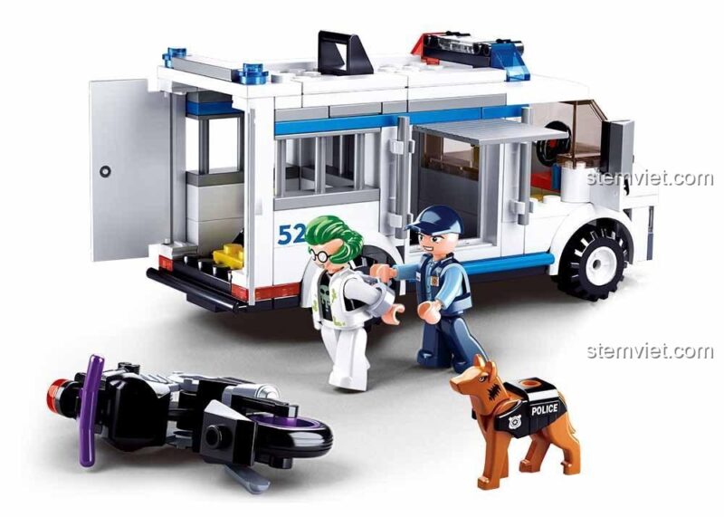Mô hình xe cảnh sát M38-B0652 Sluban với cửa sau mở, cảnh sát áp giải tội phạm, đồ chơi mô hình Xe Chở Tù Nhân cho bé trai.