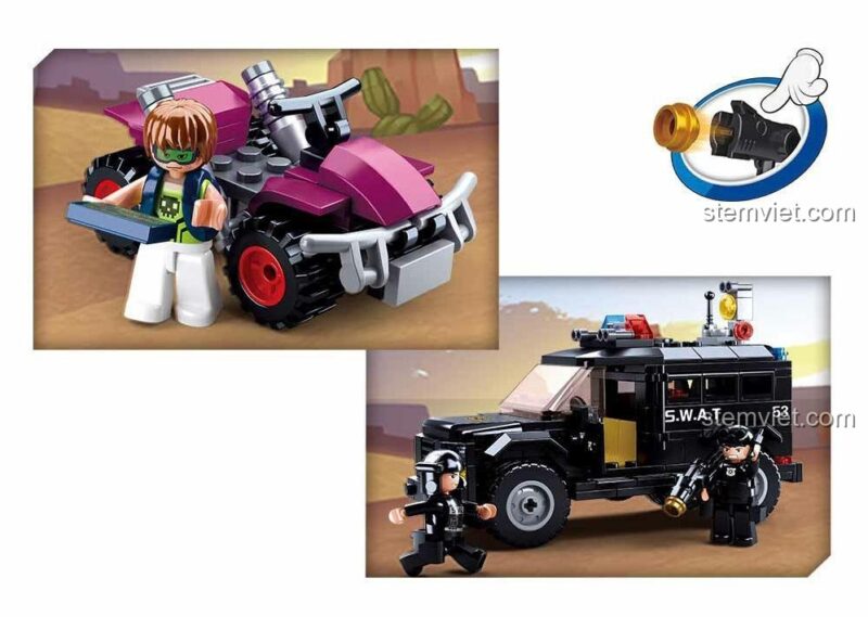 Xe Chống Bạo Động B0653 và minifigure cảnh sát, bộ đồ chơi lắp ghép Sluban cho bé trai 6 tuổi, giá tiết kiệm.