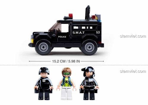 Kích thước đồ chơi mô hình Sluban M38-B0653 dài 15.2cm cùng 3 minifigure, bộ đồ chơi lắp ghép chất lượng cao.