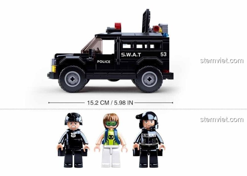 Kích thước đồ chơi mô hình Sluban M38-B0653 dài 15.2cm cùng 3 minifigure, bộ đồ chơi lắp ghép chất lượng cao.