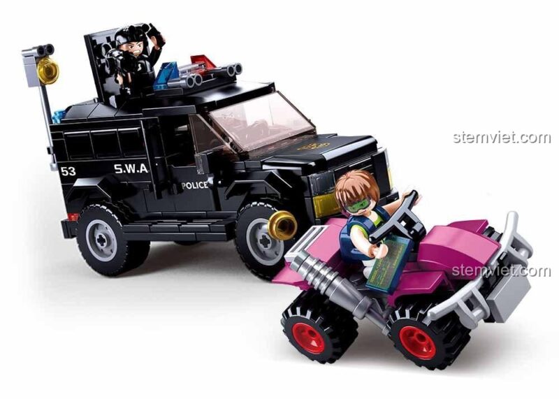 Bộ xếp hình M38-B0653 Xe Bọc Thép Cảnh Sát và xe ATV từ góc nhìn khác, đồ chơi lắp ráp cho bé trai 6 tuổi.