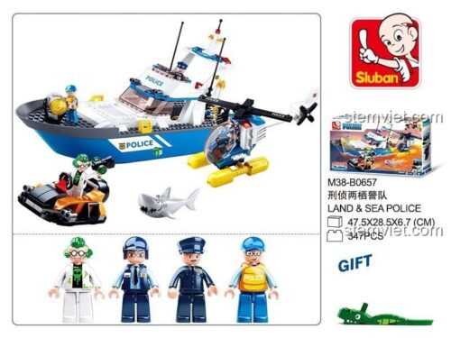 Hộp đồ chơi xếp hình Sluban B0657 Tàu Cảnh Sát Tuần Tra, 347 chi tiết, 4 minifigures, quà tặng cho bé trai