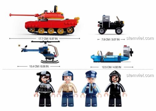 Kích thước chi tiết các mô hình trong bộ đồ chơi xếp hình Sluban M38-B0658 và 4 minifigures cảnh sát, tội phạm. Đồ chơi sáng tạo cho con trai.
