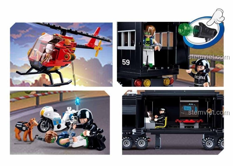 Các chi tiết nổi bật của bộ lắp ghép Sluban M38-B0659 bao gồm trực thăng, trung tâm chỉ huy di động và khả năng bắn đạn nhựa, đồ chơi xây dựng cảnh sát hấp dẫn.