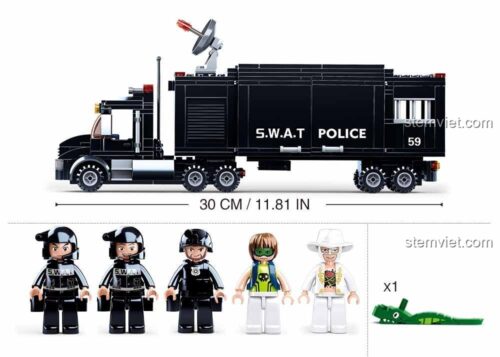 Kích thước xe chỉ huy Sluban M38-B0659 dài 30cm, cùng 5 minifigures và phụ kiện, đồ chơi mô hình cảnh sát chất lượng cao cho bé trai.