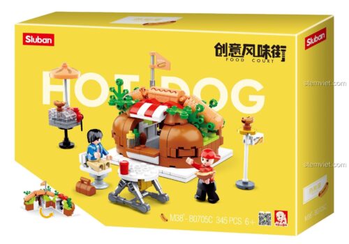 Mô hình chi tiết bộ lắp ghép Cửa Hàng Xúc Xích Chó Nóng Sluban M38-B0705C với 2 minifigures, bàn ghế và các phụ kiện. Kích thước hộp 33x23.7x6.7cm, 345 mảnh.