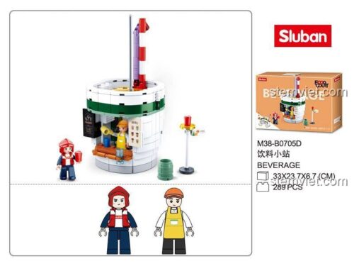 Tổng hợp các bộ lắp ráp Sluban M38-B0705 Phố ẩm thực sáng tạo, bao gồm nhiều cửa hàng đồ ăn mini độc đáo.