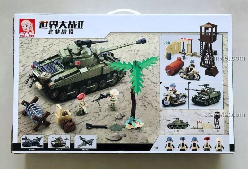 Đồ chơi mô hình Trận chiến El Alamein Sluban M38-B0713, mô tả chi tiết xe tăng và minifigure, 790 mảnh ghép. Mặt sau hộp hiển thị tỉ lệ 1:1 của minifigure.