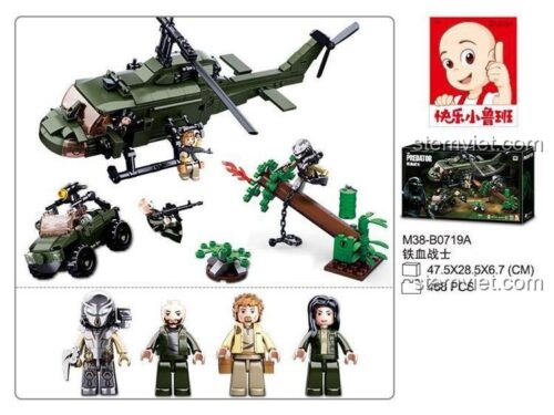Chi tiết các thành phần trong đồ chơi lắp ráp Sluban M38-B0719A, bao gồm trực thăng, xe jeep và 4 minifigures.