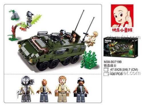 Chi tiết các bộ phận của đồ chơi lắp ráp Xe Chở Quân Predator Sluban M38B0719B, bao gồm hộp, xe, 4 minifigures và kích thước hộp.
