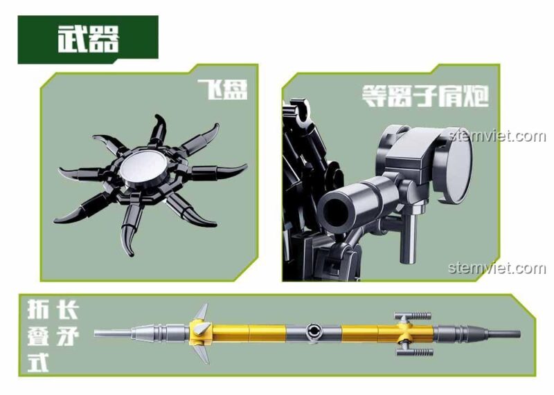 Chi tiết vũ khí của mô hình Predator Sluban, bao gồm pháo plasma và đĩa ném.