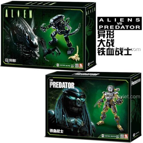 Hộp sản phẩm bộ lắp ghép Quái vật không gian Xenomorph Sluban M38-B0720B và hộp Predator M38-B0720A, một lựa chọn giá rẻ cho các bé trai.