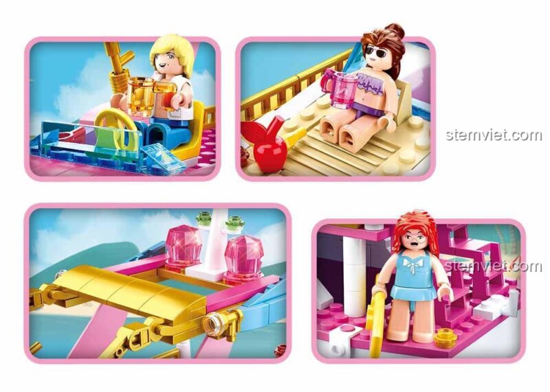 Chi tiết nội thất và minifigures của bộ lắp ghép Du thuyền màu hồng B0722, đồ chơi cho bé gái.