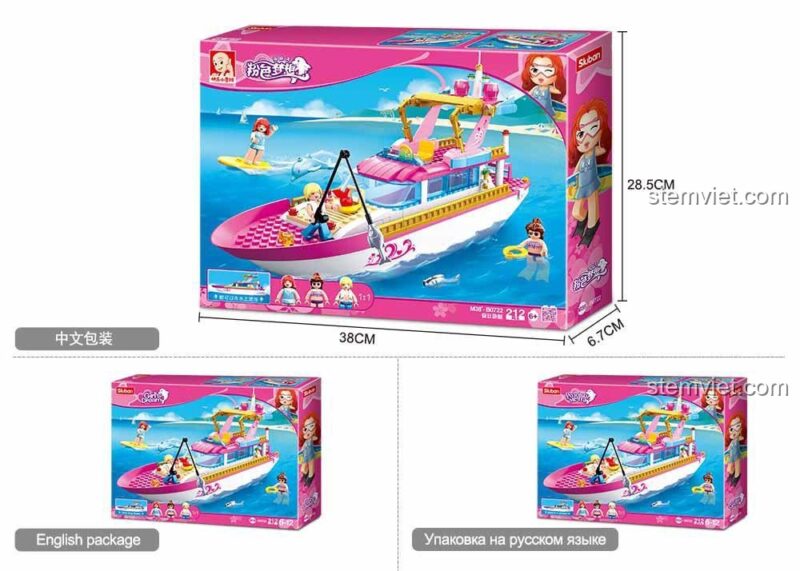 Kích thước hộp đồ chơi lắp ghép Sluban M38-B0722 Du thuyền giải trí, phù hợp bé gái 6 tuổi.