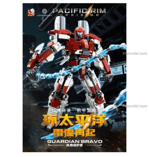 Poster quảng cáo dòng đồ chơi mô hình Sluban Pacific Rim, bao gồm Jaeger Guardian Bravo M38-B0726D và các robot khác.