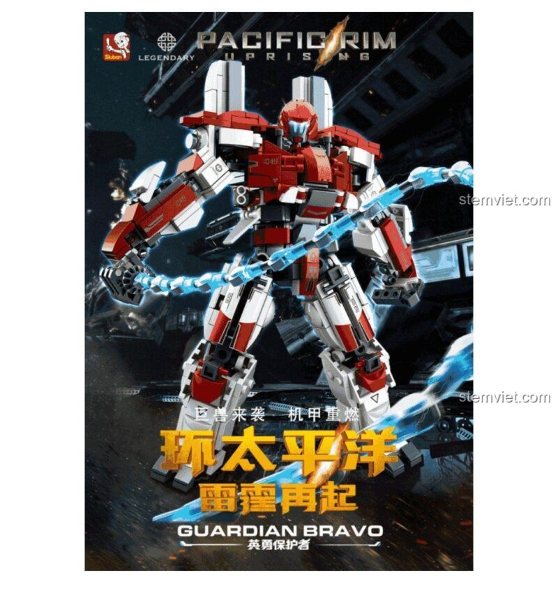 Poster quảng cáo dòng đồ chơi mô hình Sluban Pacific Rim, bao gồm Jaeger Guardian Bravo M38-B0726D và các robot khác.