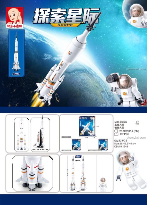 Poster quảng cáo bộ xếp hình Tên lửa Trường Chinh Sluban B0735, bao gồm 1 minifigure phi hành gia và 2 kiểu lắp ráp.