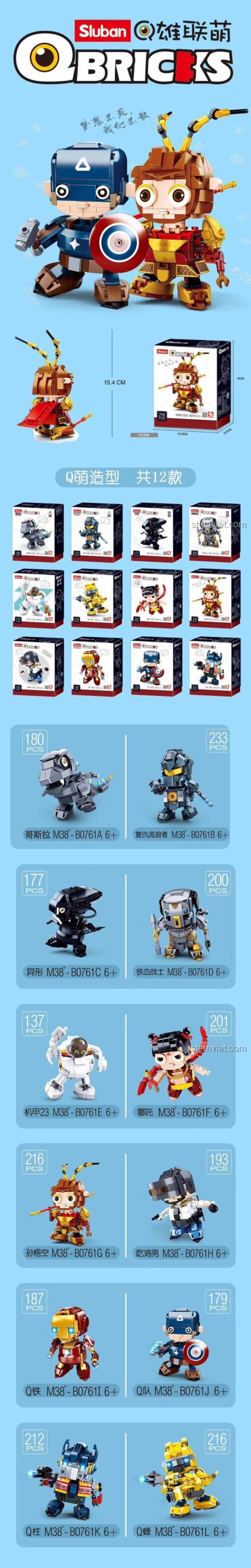 Poster dòng sản phẩm Q-Bricks của Sluban, bao gồm đồ chơi xếp hình Sluban M38-B0761H và các nhân vật Chibi khác. Món quà sáng tạo cho con trai.