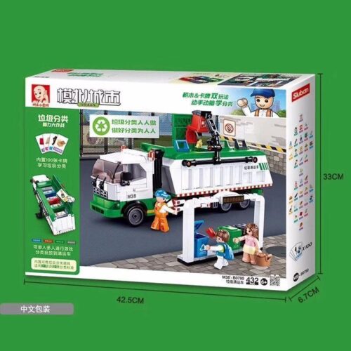 Hộp sản phẩm bộ lắp ghép Xe Tải Chở Rác Phân Loại Sluban M38-B0780 với 432 chi tiết, món quà giá rẻ cho con trai 6 tuổi.