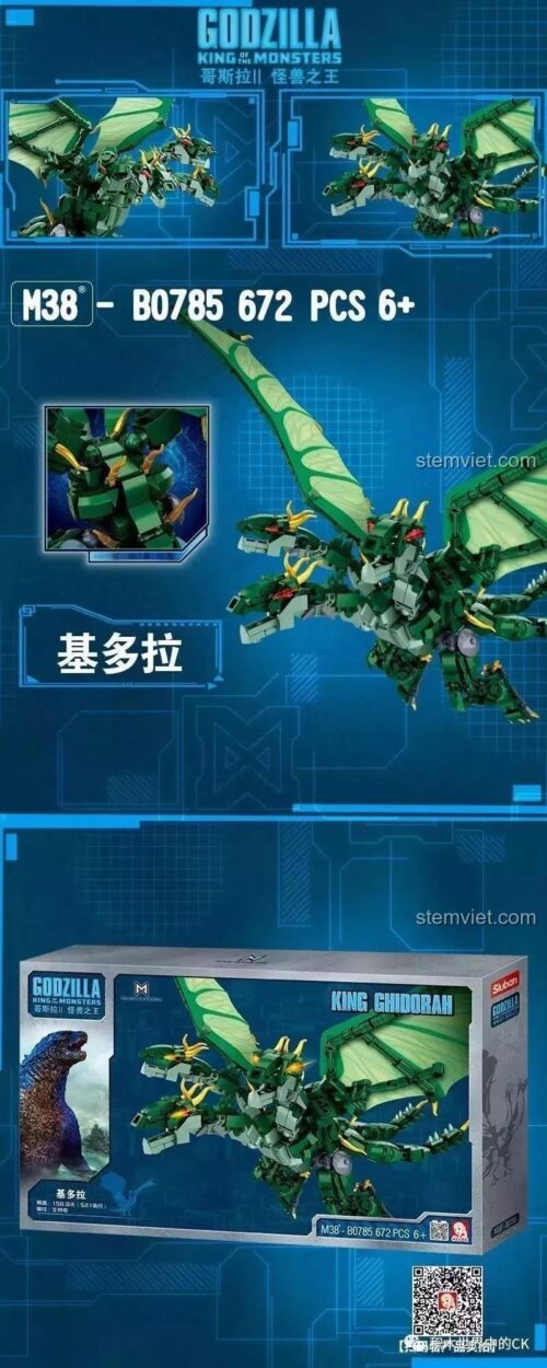 Hộp sản phẩm đồ chơi mô hình Sluban M38-B0785 Quái vật King Ghidorah, quà tặng hấp dẫn cho bé trai trên 6 tuổi.