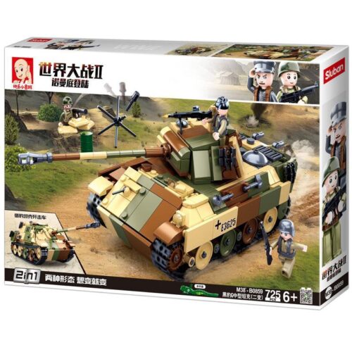 Hộp sản phẩm bộ lắp ráp Sluban M38-B0859 Xe tăng Panther G và Pháo chống tăng Jagdpanther, đồ chơi cho bé trai 6 tuổi.